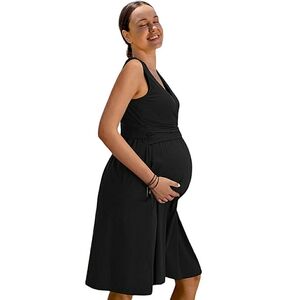 Liz Lange Maternity Pockets V-Neck Back Zipper Pleated Sleeveless Black Dress L